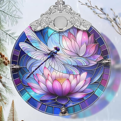 Stained Glass Dragonfly on Lotus Flower Ornament - Christmas Tree Decor Idea