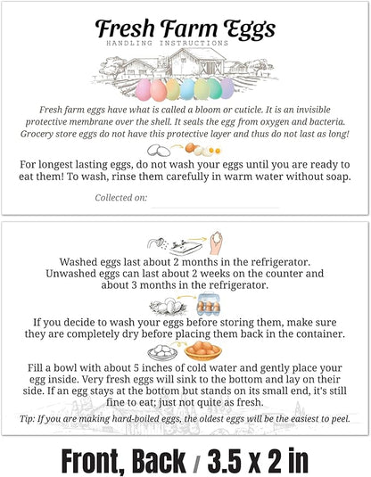 100pcs Premium Fresh Farm Eggs Handling Care Instructions Accessories Cards Labels | 4 6 12 15 18 30 48 50 Egg Blank Cartons Basket Box Container Storing Extra Organizer (M01-1CH)