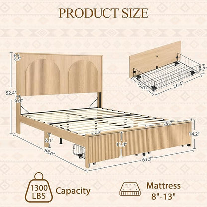 XIAOWEI Queen Size Bed Frame with 52.4" Tall Headboard 2 Storage Drawers,Fluted Sturdy Wooden Frame with Underbed Storage,No Box Spring Needed Platform Bed,Easy Assembly Low Profile Bed Frame,Natural