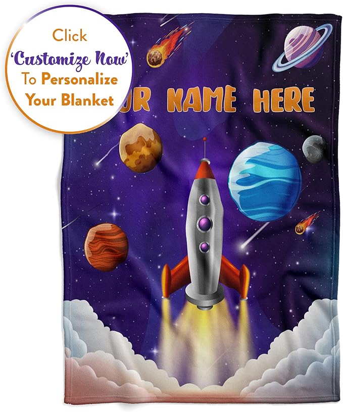 Personalized Rocket Ship Blanket for Kids, Cute Custom Name Throw for Boys and Girls, Fun Outer Space, Galaxy, and Planets, Soft and Plush, Birthday and Christmas, (Sherpa 60x80)