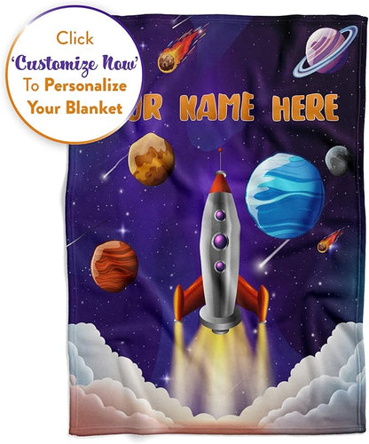 Personalized Rocket Ship Blanket for Kids, Cute Custom Name Throw for Boys and Girls, Fun Outer Space, Galaxy, and Planets, Soft and Plush, Birthday and Christmas, (Sherpa 60x80)