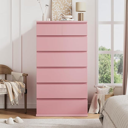 Pink Tall 7 Drawer Dresser for Bedroom, Modern Wood Closet Dressers & Chests of Drawers with Jewelry Storage, 23.6" L*15.8" W*47.5" H in Large Vertical Dresser for Bedroom, Living Room, Nursery