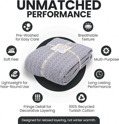 Gold Case Throw Blanket for Bed - 100% Recycled Turkish Cotton Blanket - Retro Lightweight Soft Throw Blankets for Bed & Living Room - Twin Size Cozy Blankets - 71x90 - Grey