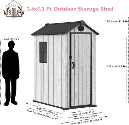 3.4x5.3 FT Resin Outdoor Storage Shed, 125 Cuft Garden Tool Sheds & Outdoor Storage Plastic Shed with Floor, 7FT Tall Backyard Outside Lawn Mower Storage Shed with Side Window, Cemented Grey