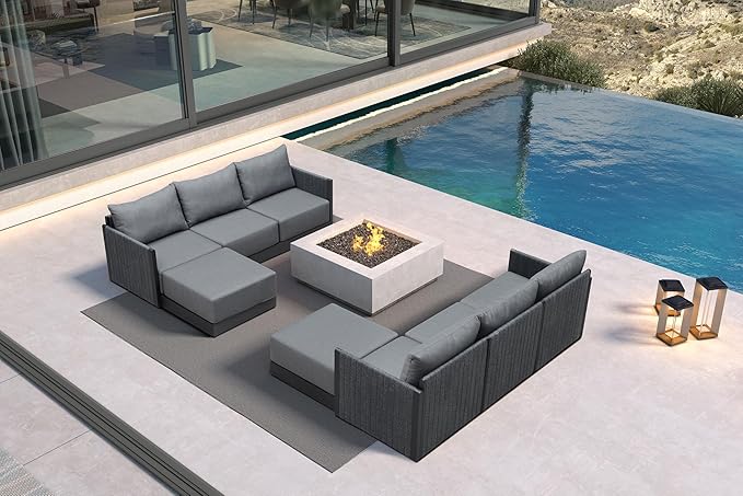 PURPLE LEAF Patio Furniture Set 8 Pieces Outdoor Conversation Sets PP Rope Patio Sofa with Cushions Manual Weaving Deep Seating Furniture for Porch Lawn Backyard Gray