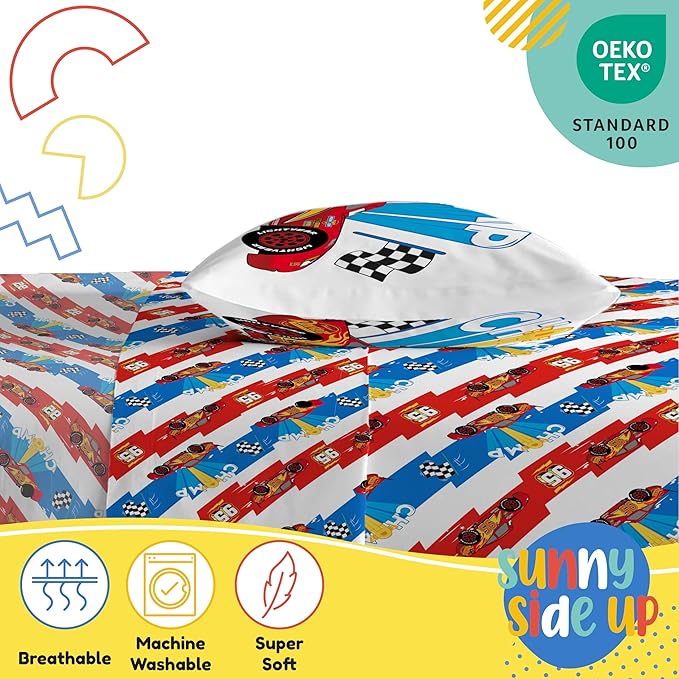 Sunny Side Up Disney Pixar Cars Lightning McQueen Twin Sheet Set - 3 Piece Kids Racecar Bedding Set Includes Pillow Cover - Super Soft Microfiber Sheets