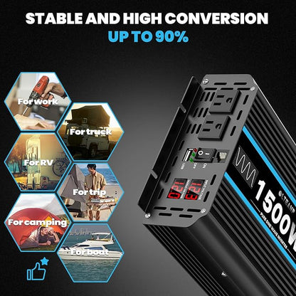 1500W Pure Sine Wave Inverter 12V DC to 110/120V AC Power Inverter with 2 AC Outlets, 3.1A USB Port, LCD Display, Remote Controller, Car Power Converter for Truck, Home, Vehicles, Boat