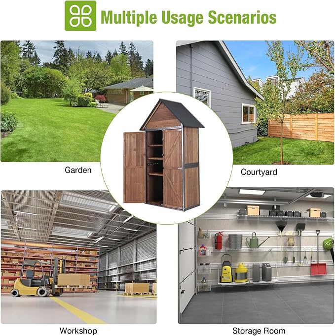 GUTINNEEN Outdoor Storage Shed with All Around Strong Metal Frame, Garden Tool Sheds Cabinet with Floor & Adjustable Shelves, Wooden Tool House for Backyard Garden Patio Lawn (Dark Brown)
