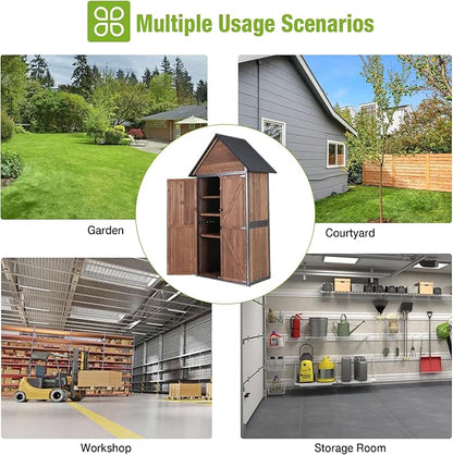 GUTINNEEN Outdoor Storage Shed with All Around Strong Metal Frame, Garden Tool Sheds Cabinet with Floor & Adjustable Shelves, Wooden Tool House for Backyard Garden Patio Lawn (Dark Brown)
