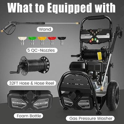 Professional 4200PSI 4GPM 212CC Gas Pressure Washer, 7.0 HP Commercial Gas Power Washer with 3L Foam Bottle 10" Wheels 5 Nozzles 33FT Hose for Home Car Fence Driveway (EPA/CARB/ETL Compliant) 77LBS