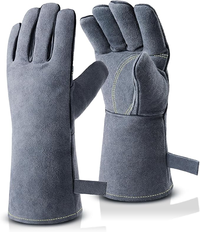 OZERO 932°F Heat Resistant Forge Welding Gloves 14 inches Cowhide Leather - Long Sleeve and Insulated Lining Grill Glove for Tig Welder/Mig/Barbecue/Stove Gray