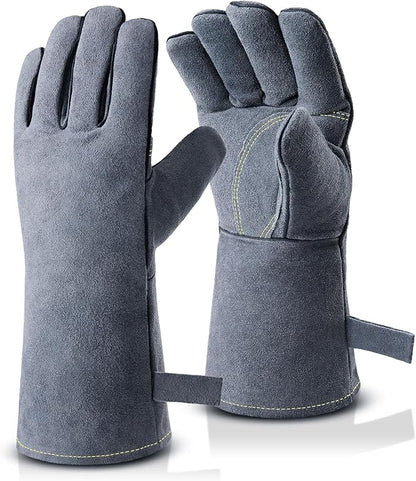 OZERO 932°F Heat Resistant Forge Welding Gloves 14 inches Cowhide Leather - Long Sleeve and Insulated Lining Grill Glove for Tig Welder/Mig/Barbecue/Stove Gray