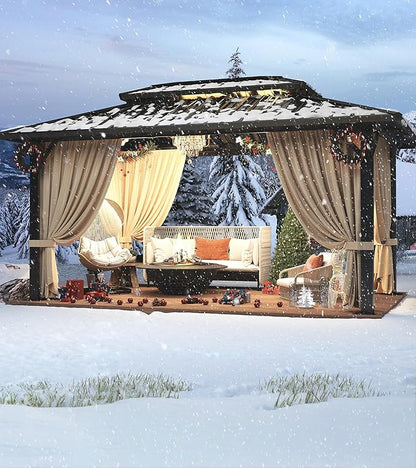 HOTEEL 10x12 Hardtop Gazebo Hot Tub Gazebo with Flame-Retardant Curtain Netting, Heavy Duty Pavilion with Galvanized Steel Double Roof, Aluminum Frame Outdoor Canopy for Patio, Party (2025 Upgraded)