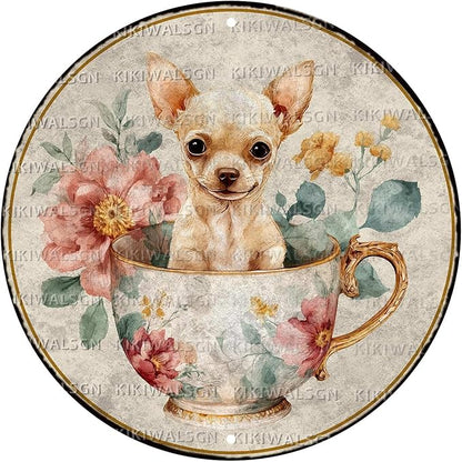 Vintage Chihuahua Round Metal Sign Retro Tea And Flower Tin Sign Nostalgic Dog Lovers Wall Decor Decorations for Home Bedroom Living Room Cafe Bar Garden Plaque Yard 12 * 12 In