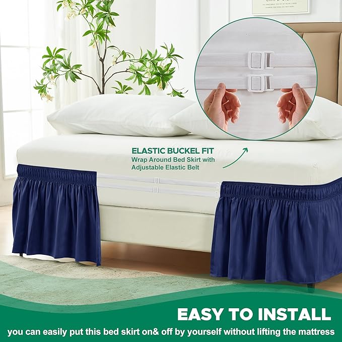 Biscaynebay Wrap Around Bed Skirts for Queen Beds 15" Drop, Navy Adjustable Elastic Dust Ruffles Easy Fit Wrinkle & Fade Resistant Silky Luxurious Fabric Machine Washable