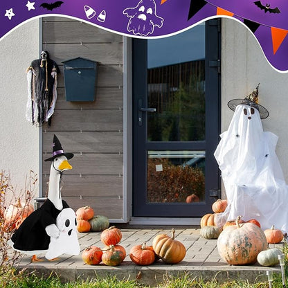 Sanwuta 1 Set Halloween Porch Goose Outfit Ghost Pillow Design with Witch Hat for 23" Lawn Cement Goose Porch Geese Clothes Costume for Halloween Garden Patio Yard Outdoor Decorations