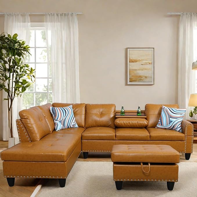 L Shaped Sectional Couch with Otttoman, 97" Leather Sectional Sofa for Living Room Modular Couches with Cup Holders for Bedroom, Apartments, Ginger
