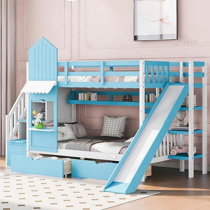 Twin-Over-Twin Castle Style Bunk Bed with 2 Drawers and 3 Shelves, Wooden Bunk Bed Frame and Storage Staircase