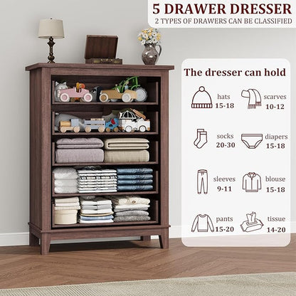 GarveeHome 5 Dresser for Bedroom, 41.3 in Tall Vertical Drawer Dresser with Large Storage, Freestanding Wooden Closet Chest for Bedroom, Living Room, Walnut