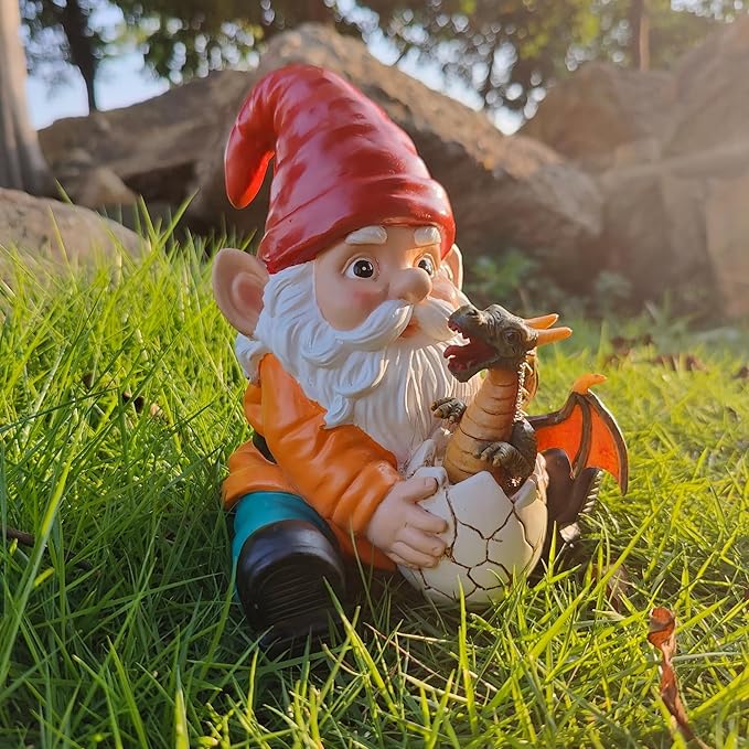 Fantasy Dragon Gnome Garden Statue - 6.8" Weatherproof Resin Garden Gnome with Baby Dragon, Unique Outdoor & Indoor Decor, Handcrafted Yard Art, for Fantasy Lovers & Gardeners