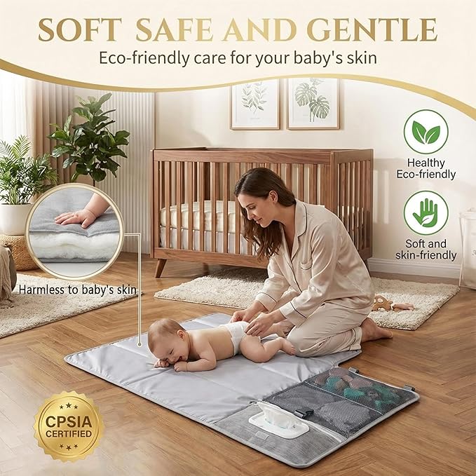 Large Portable Diaper Changing Pad - Waterproof Foldable Baby Travel Changing Mat with Storage Pockets & Wipes Bag, Lightweight, One-Hand Fold, Crossbody Strap for Parents,Infant Travel Station Kit