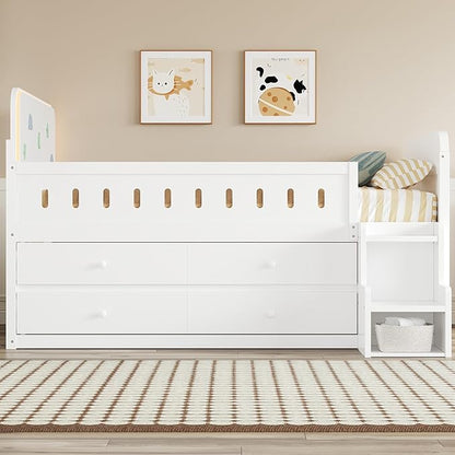 Full Size Platform Bed with Guardrail and 4 Drawers, Wooden Kids Platform Bed Frame with Two-Step Staircases and Light Strip for Boys Girls, Sturdy Slats Support (White-11A)