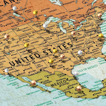 ElephantStock - Personalized Wanderer Push Pin World Map Wall Art - Horizontal Canvas Wall Art - Living Room Wall Decor - Digital Art Map Canvas Art - Orange And Blue Decor - 39" x 26"