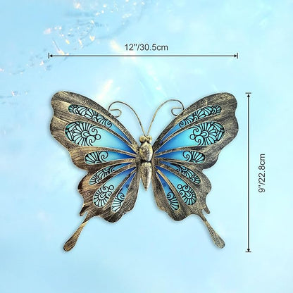 LIFFY Metal Butterfly Outdoor Decor 12" Hanging Glass Butterflies Wall Decor Garden Art Decorative Ornaments Outside Indoor Home Decor for Living Room Bedroom Patio Fence