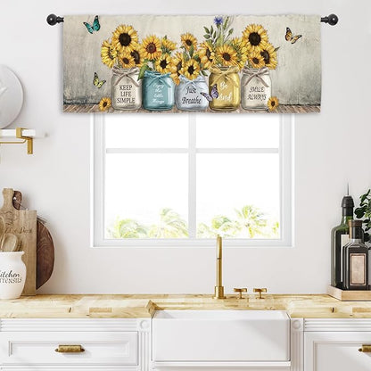 Miyotaa Rustic Sunflower Farmhouse Kitchen Curtain Valance 54W x 18H Rod Pocket Quotes Motivational Inspirational Country Vintage Window Treatment for Living Room Bedroom Bathroom