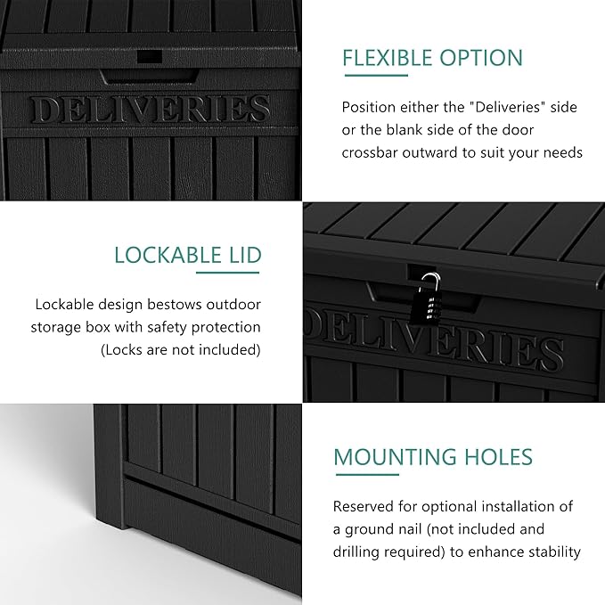 55 Gallon Black Resin Deck Box - Lockable, Waterproof Outdoor Storage for Packages & Patio Essentials - Rustproof Utility Box with Handles for Porches, Pools & Backyards