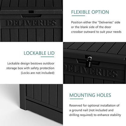 55 Gallon Black Resin Deck Box - Lockable, Waterproof Outdoor Storage for Packages & Patio Essentials - Rustproof Utility Box with Handles for Porches, Pools & Backyards
