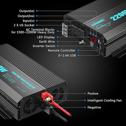 GIANDEL Pure Sine Wave Power Inverter 2200Watt ETL UL458 Listed DC 12V to 120 Vac with 20 Amps Hardwire Blocks & 15FT Wired Remote for RVs Truck Boat Off Grid Solar Emergency【3 YRS Warranty】