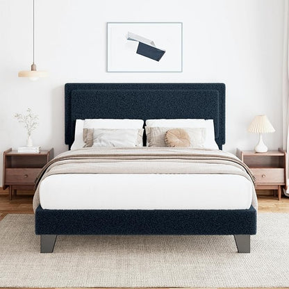 Full Size Boucle Bed Frame, Upholstered Platform Cloud Bed Frame with Headboard, Soft Teddy Fabric, Modern Style, No Box Spring Required, Easy Assembly, Blue-Black