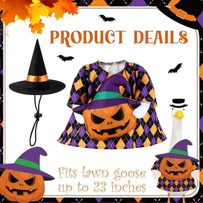 Sanwuta 1 Set Halloween Porch Goose Outfit Pumpkin Pillow Design with Witch Hat for 23" Lawn Cement Goose Porch Geese Clothes Costume for Halloween Garden Patio Yard Outdoor Decorations