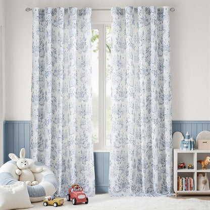 jinchan Linen Nursery Curtains 90 inch Long Woodland Wildlife Blue Print Drapes for Kid's Room Light Filtering French Country Farmhouse Curtains with Bunny and Forest Design Set of 2 Panels