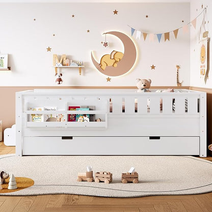 Bellemave Twin Bed with Trundle Twin and Stairs, Twin Size Platform Bed Frame with Fence and Bookshelf, Easy Assemble Beds for Kids, Girls, Boys, White