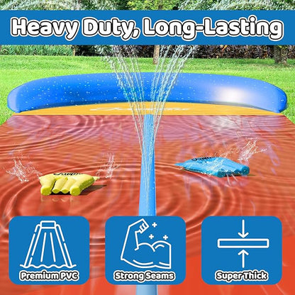 JAMBO 40Ft 3XL Mega Slip Splash and Slide and 2 Bodyboards, Heavy Duty Water with Inflatable Crash Pad, Slide Splash Mat Outdoor Water Sprinkler Splash Mat n Backyard Water Toys