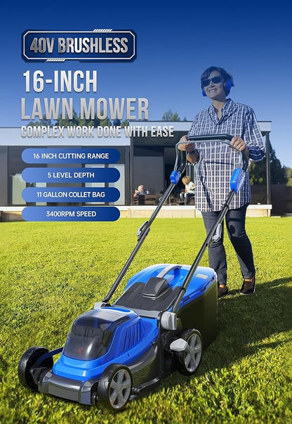 Wild Badger Power 40V 16" Cordless Lawn Mower, Up to 1900sq.ft, Brushless Motor, 5 Height Settings, Bag/Mulch, 20V*2 4.0Ah Battery & Fast Charger, Compact 5-Sec Upright Fold