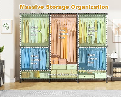 E14C Heavy Duty Closet Organizer System，Freestanding Clothing Racks for Hanging Clothes，Adjustable Garment Rack 70.1" W × 16.6" D × 76.4" H Hold 960 lbs，Black Rack with Grey Dustproof Cover