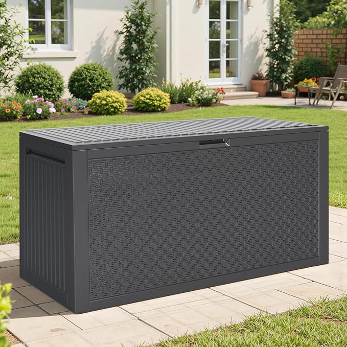 90 Gallon Outdoor Deck Box, Waterproof Outdoor Deck Box, Durable Resin Bin for Patio Cushions, Garden Tools and Pool Accessories, Lockable with UV Protection, Dark Gray, Patio Furniture