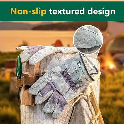 SATA Heavy Duty Halfleather Work Gloves, Doublelayer Cowhide, Cotton Lining, Leather Palm, Gardening, Yard Gloves