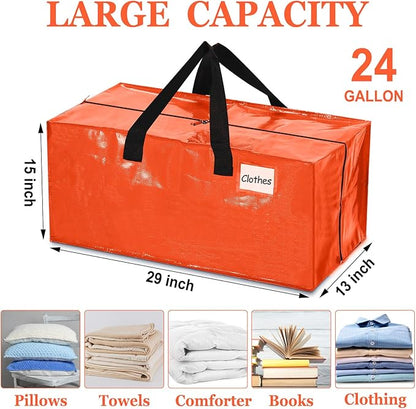 4 Pcs 24 Gallon Large Moving Bags with Zipper and Handles Foldable Storage Duffle Bags Heavy Duty Extra Large Totes for College Dorm Travel Clothes Blankets Bedding Moving (Orange)