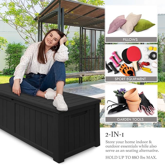 AJP Distributors 120 Gallon Outdoor Storage Box, Rain Waterproof Resin Deck Box, Lockable Large Storage Container for Patio Furniture, Cushions, Garden Tools, Sports Equipment and Pool Supplies Black