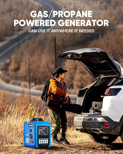 2450-Watt Dual Fuel Inverter Generator for Home Use, 1.6Gallon Large Fuel Tank Up to 8.3 Hours Use, 120V Gas Powered Generator Super Quiet - EPA Compliant