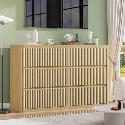 Natural 6 Drawers Dresser for Bedroom, 48" Wide Wood Chest of Deep Drawers with Curved Profile, Handleless, Modern Fluted Dresser TV Stand, Storage Closet Drawer Organizer for Bedroom