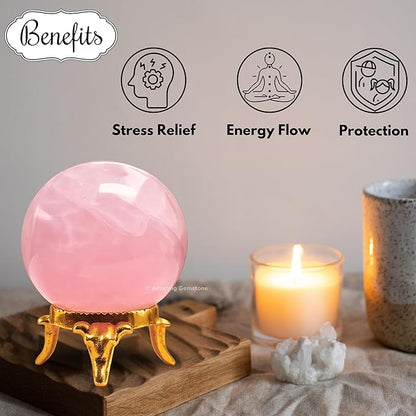 Amazing Gemstone Rose Quartz Crystal Ball with Stand - 2 Inches Crystal Sphere Meditation Balls for Witchcraft and Decorative Balls
