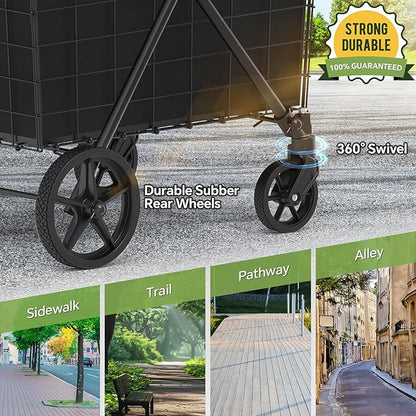 JIALIJIU 2-Tier Shopping Cart for Groceries, Folding Grocery Cart with 360° Rolling Wheels, Heavy Duty Utility Carts with 2 Waterproof Liners, Multi-Functional Trolley for Laundry, Household, Black