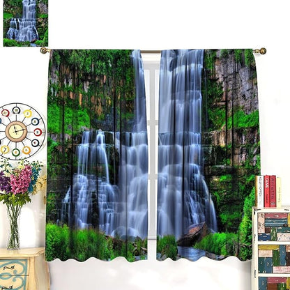 Nature Scenery Waterfall Blackout Curtains, Forest Waterfall Landscape Green Jungle Stone Falls Print Pattern Rod Pocket Window Drapes, for Bedroom Living Room 55" W X 63" L