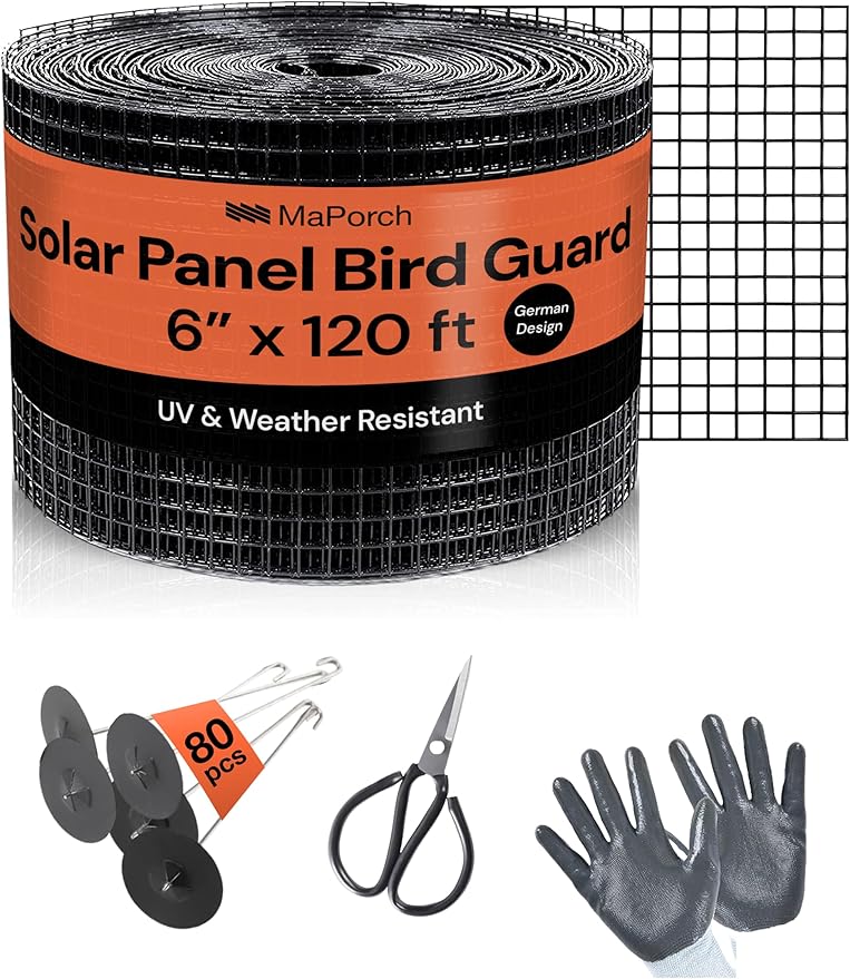 MaPorch Solar Panel Bird Guard Mesh Screen - 6 in x 120 ft Black PVC Coated Galvanized Steel - Solar Panel Netting Mesh - Includes 80 Clips, Scissors & Gloves for Easy DIY Install