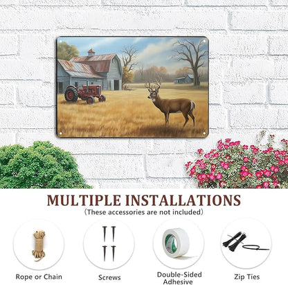 Deer Tractor Barn Farm Scenery tin sign Vintage Countryside Metal Sign Print Aesthetic for Garden Yard Bar Porch Home Bedroom Kitchen Wall Decor Gift 8 x 12 in